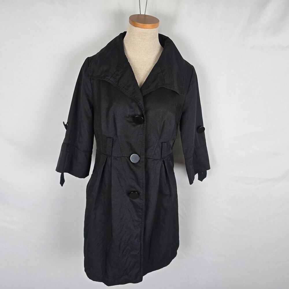 Ambition Raincoat Women's Small Long Length Peacoat Like 3 Button Roll Tab Black